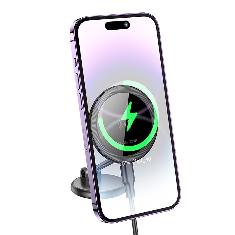 BOROFONE BH218 Star metal Mag wireless fast charging car holder center console (MagSafe Compatible) - metal gray