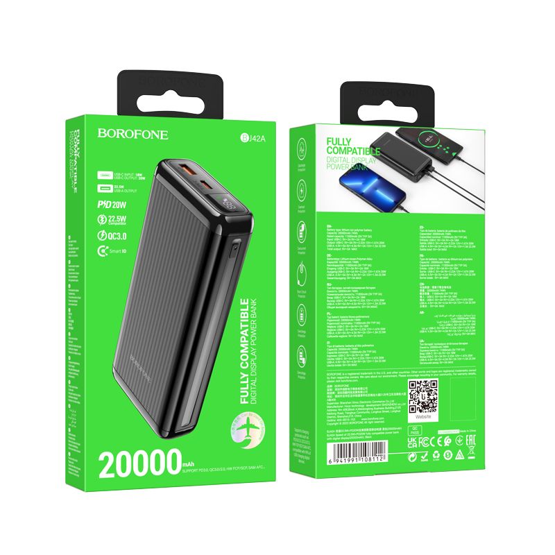 BOROFONE BJ42A Speed of 22.5W+PD20W fully compatible power bank with digital display(20000mAh) - black