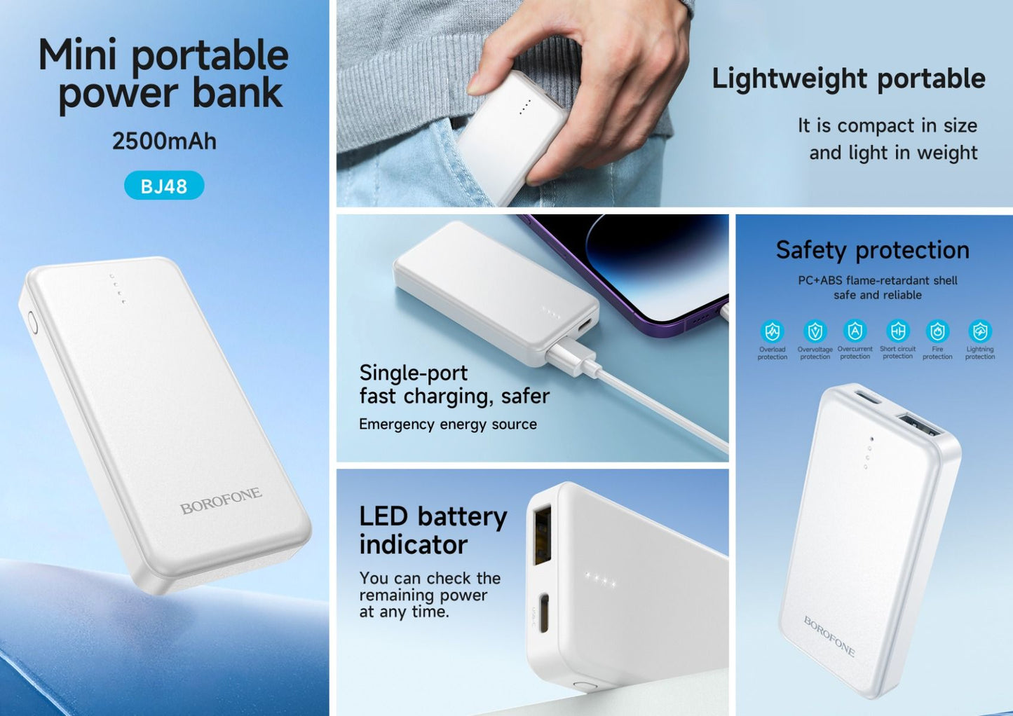 BOROFONE BJ48 mini portable power bank(2500mAh) - white
