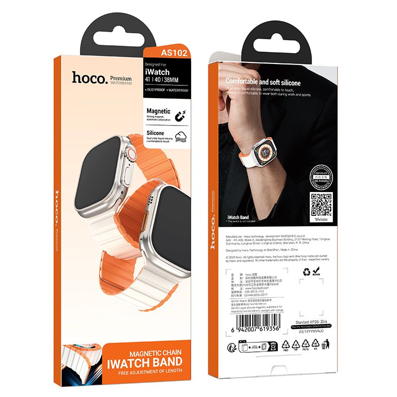 Apple Watch 38 / 40 / 41 / 42mm hoco. AS102 Liquid silicone magnetic watchband - starlight with orange