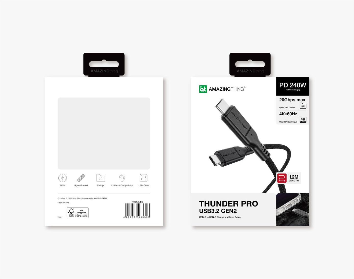 AMAZINGTHING 120cm Thunder Pro 240W C to C USB 3.2 Gen2 Cable - Black