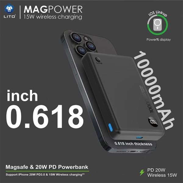 LITO LP08 10000mAh 15W Ultra Thin 5in1 Mag Power Bank (MagSafe Compatible) - Black