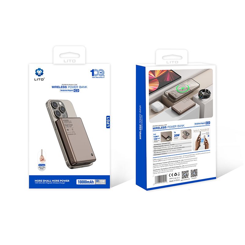 LITO LP01 10000mAh Ultra Thin Aluminum alloy material Mag Power Bank (MagSafe Compatible) - Bronze