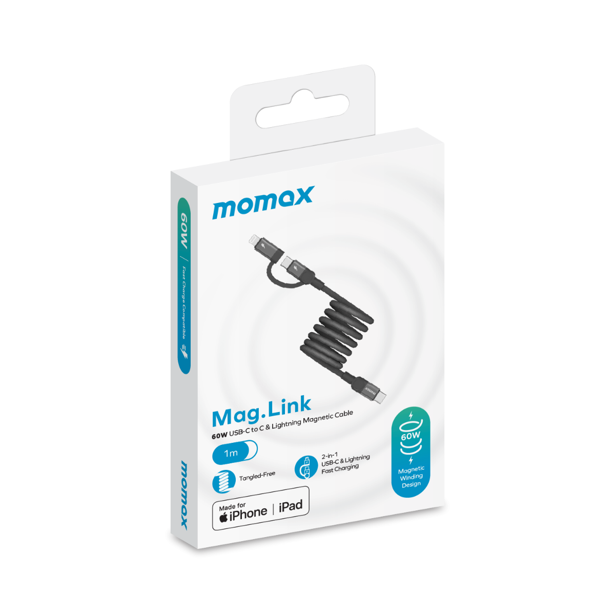 Momax Mag.Link Duo Magnetic USB-C to USB-C & Lightning Cable 60W - 1m-black