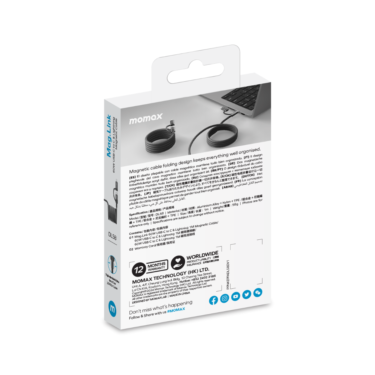 Momax Mag.Link Duo Magnetic USB-C to USB-C & Lightning Cable 60W - 1m-black