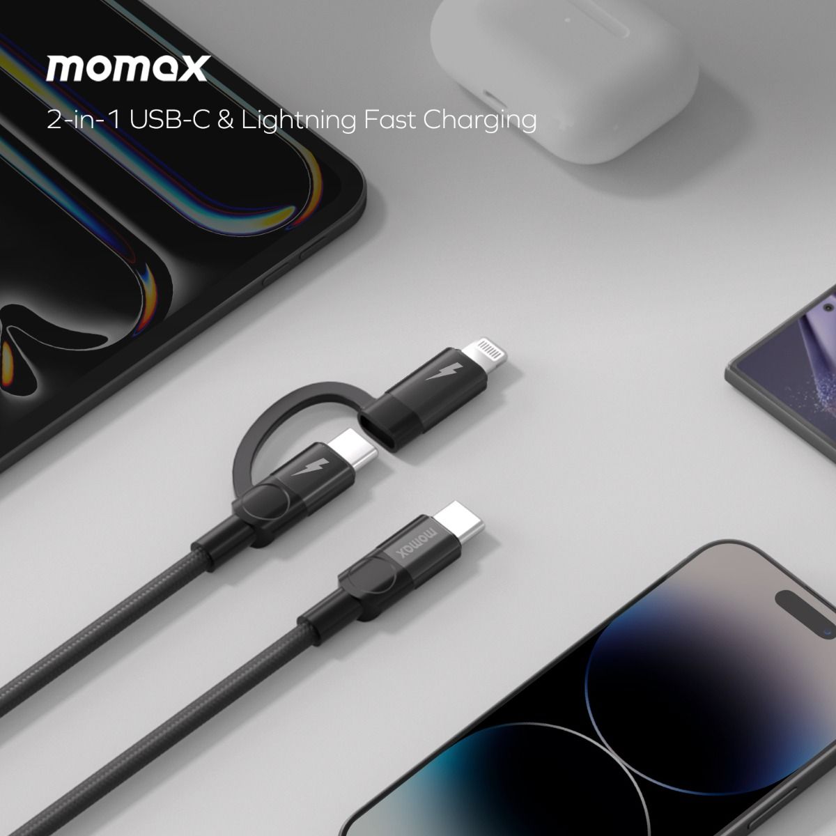 Momax Mag.Link Duo Magnetic USB-C to USB-C & Lightning Cable 60W - 1m-black