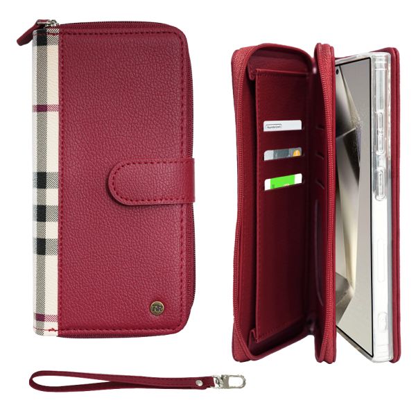 Samsung Galaxy S25 Ultra Simply Roar VERA Check Pattern Zipper Diary - Wine Red