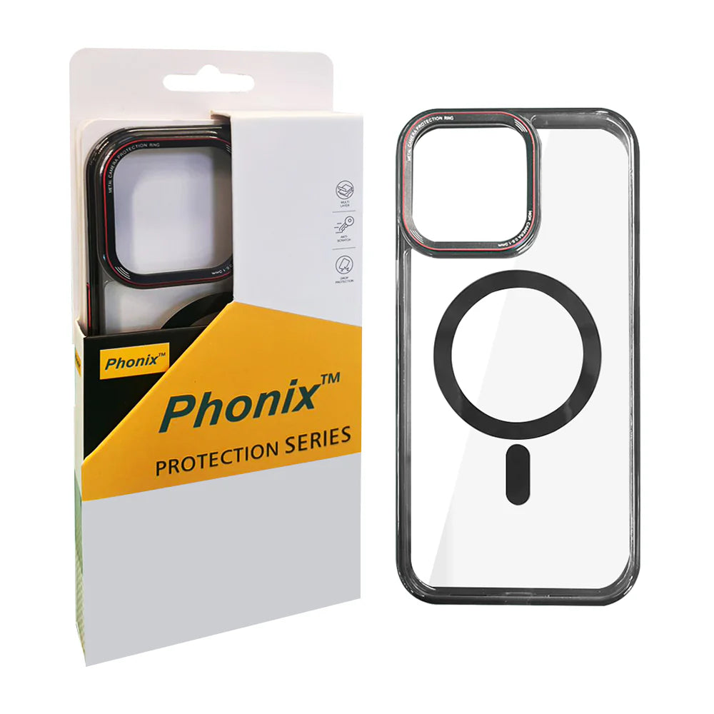 Phonix Case For iPhone 15 Pro Max Clear Armor Hard Case Magnetic With Metal Lens Protection Ring Black