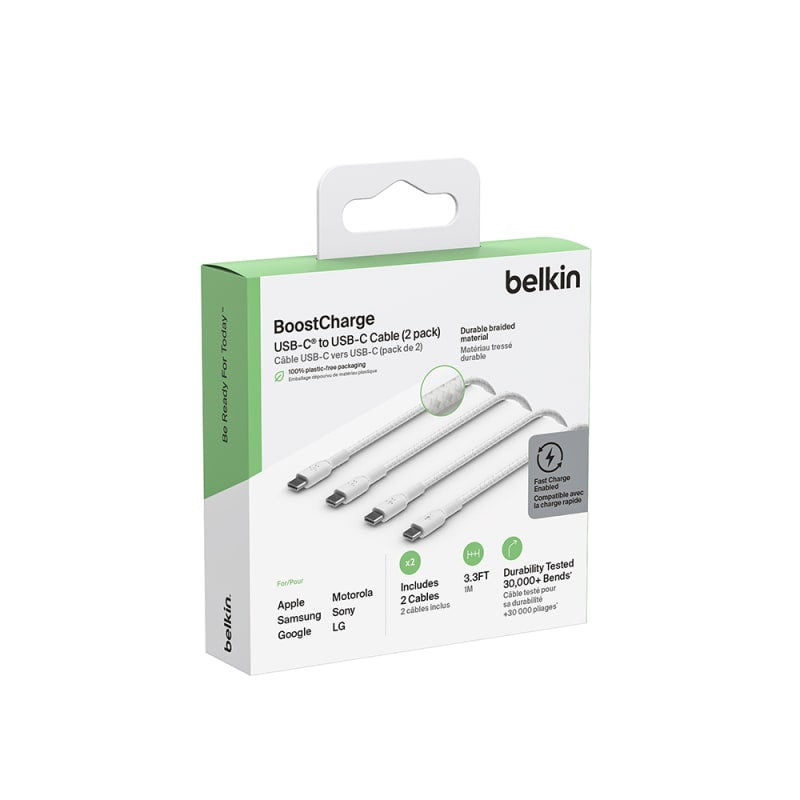 Belkin BoostCharge Braided USB-C to USB-C Cable 2 Pack White