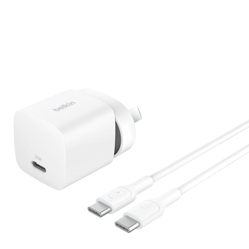 Belkin BoostCharge 30W Wall Charger & USB-C Cable With USB-C Output & 1m USB-C to USB-C Cable - White