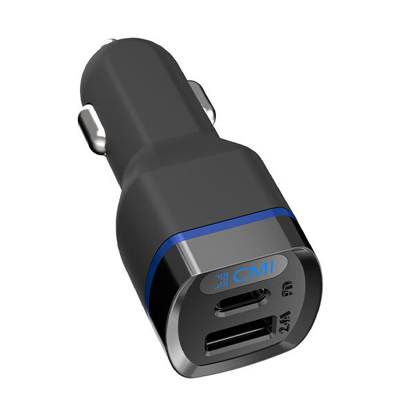 CMI Universal Fast Car Charger 30W Dual PD USB - C& USB - A Ciggrattee Port - Black