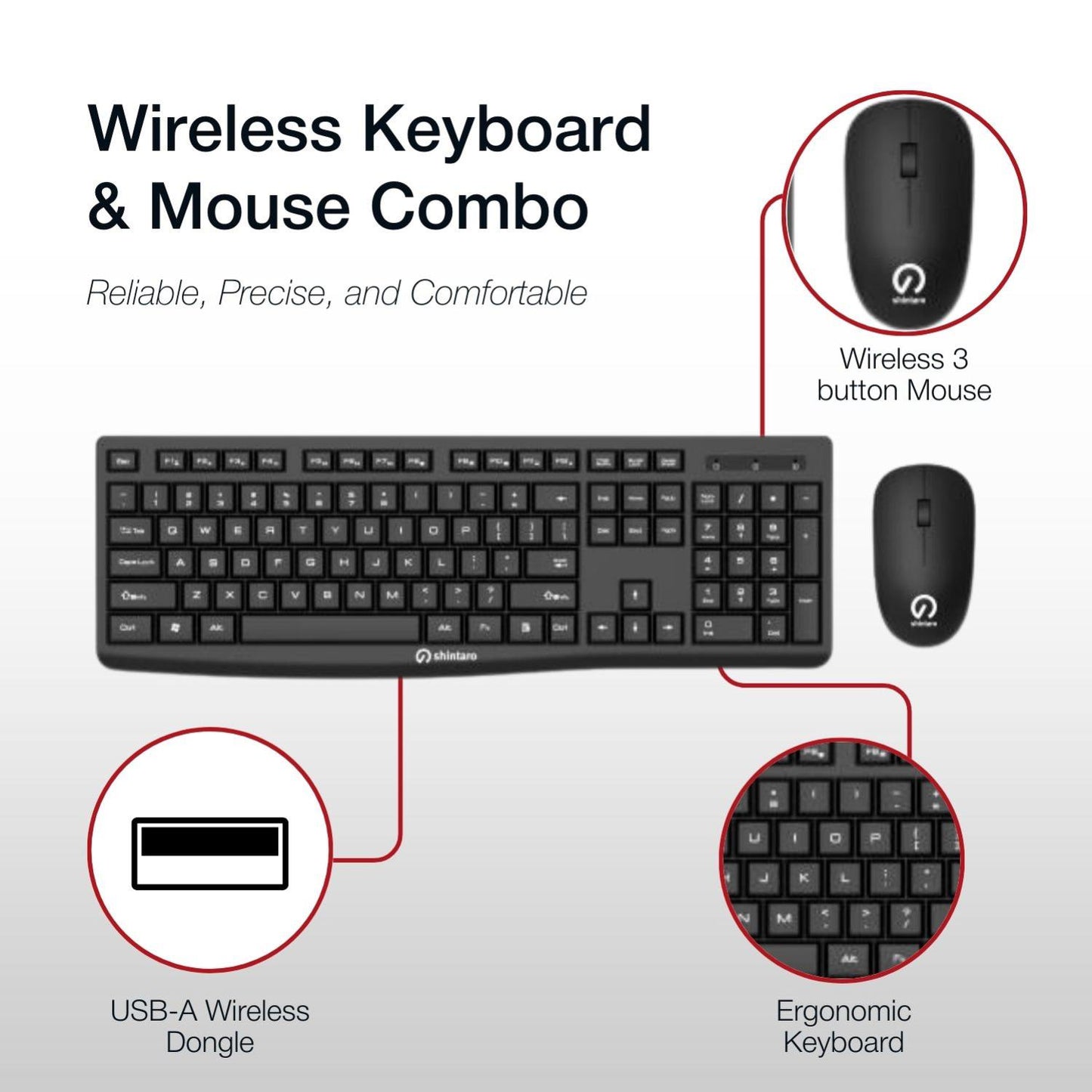 Shintaro Wireless Keyboard & Mouse Combo - Compact, Spill-Resistant, 10m Range, Precision Tracking