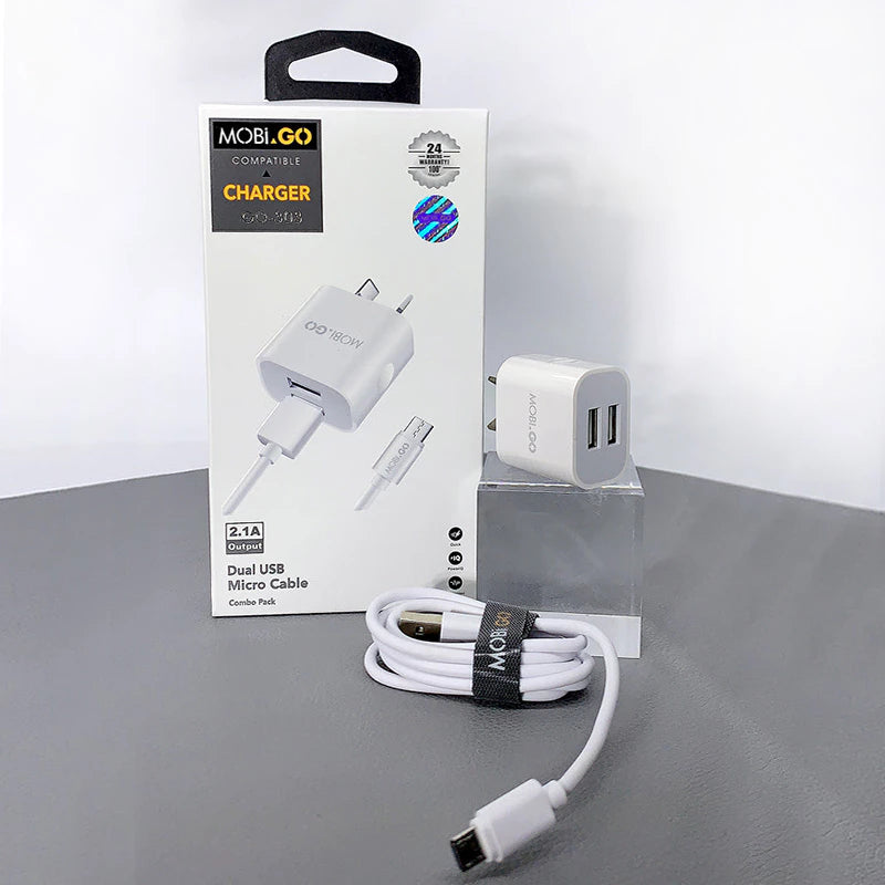 Power Adapter Mobigo Dual USB Fast Home wall Charger With 2.1A Micro USB Cable