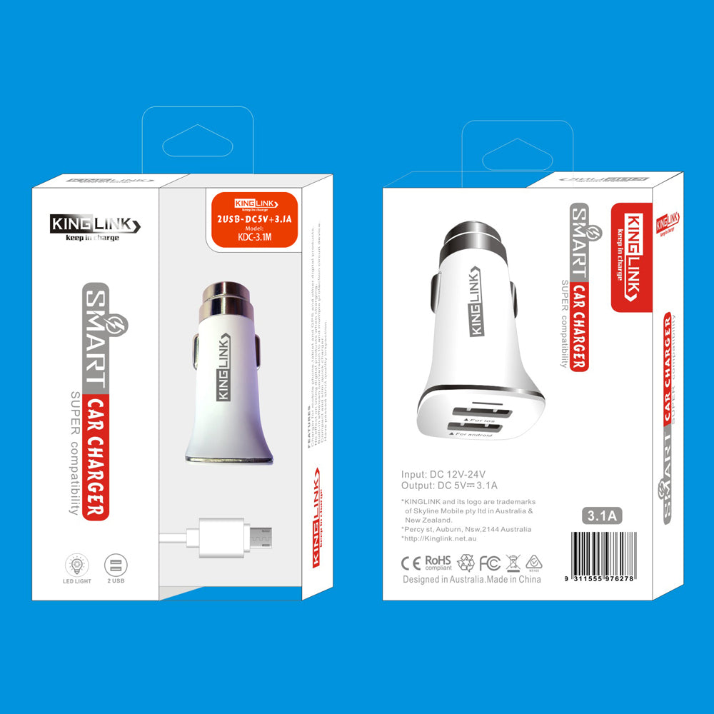 Kinglink 2 USB- A Light Smart Rapid Car Charger With Micro Cable KDC3.1M