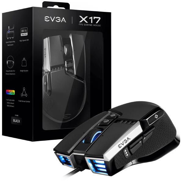 For Gaming EVGA X17 Mouse, Wired, Black, Customizable, 16,000 DPI, 5 Profiles, 10 Buttons, Ergonomic 903-W1-17BK-K3