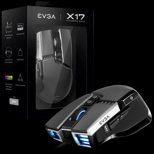 For Gaming EVGA X17 Mouse, Wired, Grey, Customizable, 16,000 DPI, 5 Profiles, 10 Buttons, Ergonomic 903-W1-17GR-K3