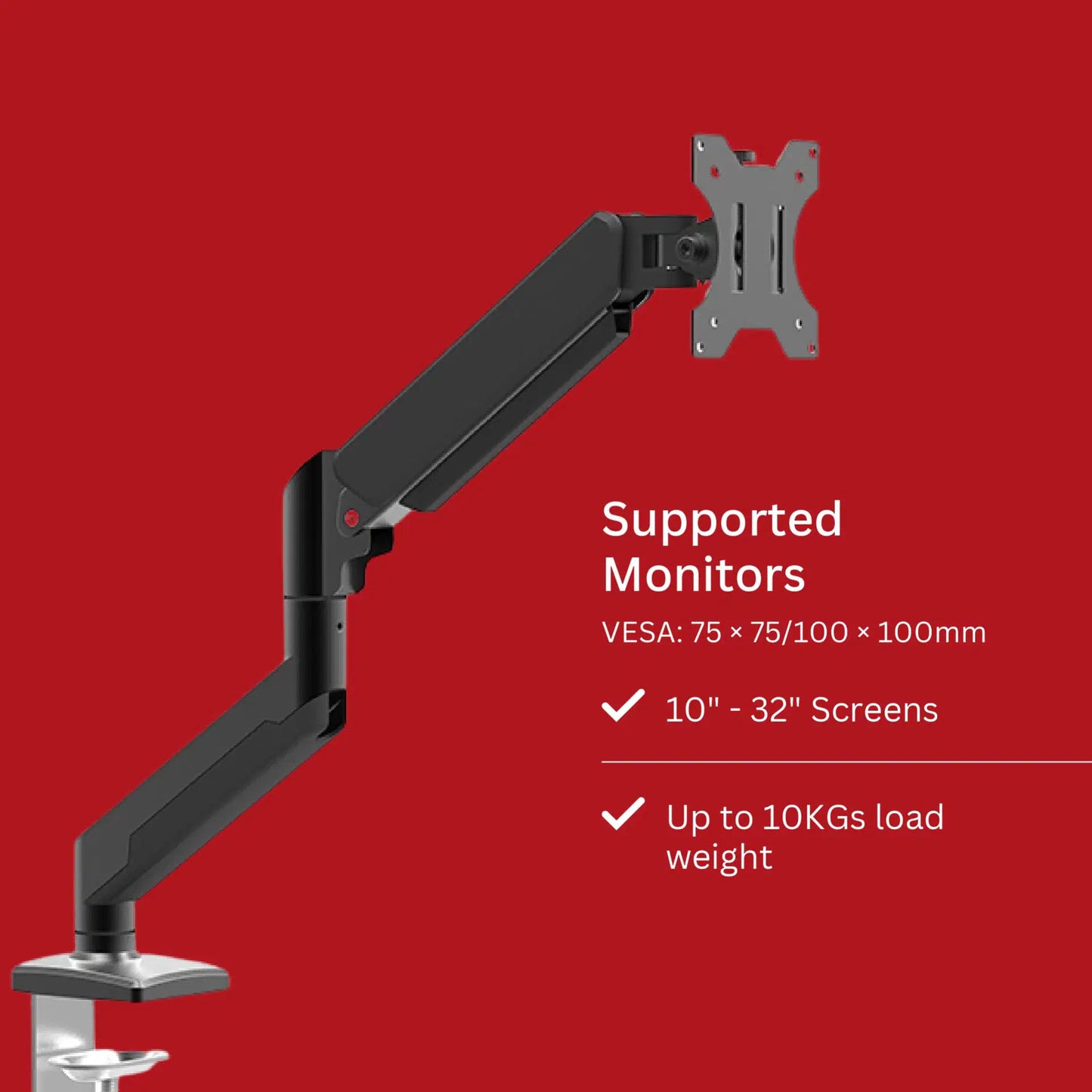 Shintaro Single Monitor Mount for Up to 32" Screen, Gas Spring Arm, C-Clamp, Tilt, Height, 10kgs Max Load Weight