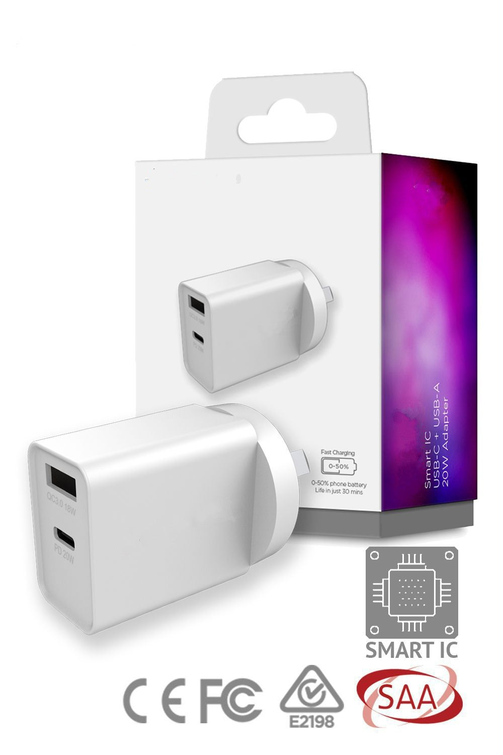 Genuine USB-C USB-A 20W PD QC Charger Adapter With Smart IC - SAA Approved Fast Charge