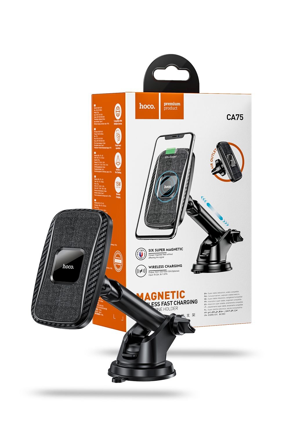 Hoco Wireless Car Charger 15W Air vent Mount Fast Charging Magnetic Clamp 2in1- Black