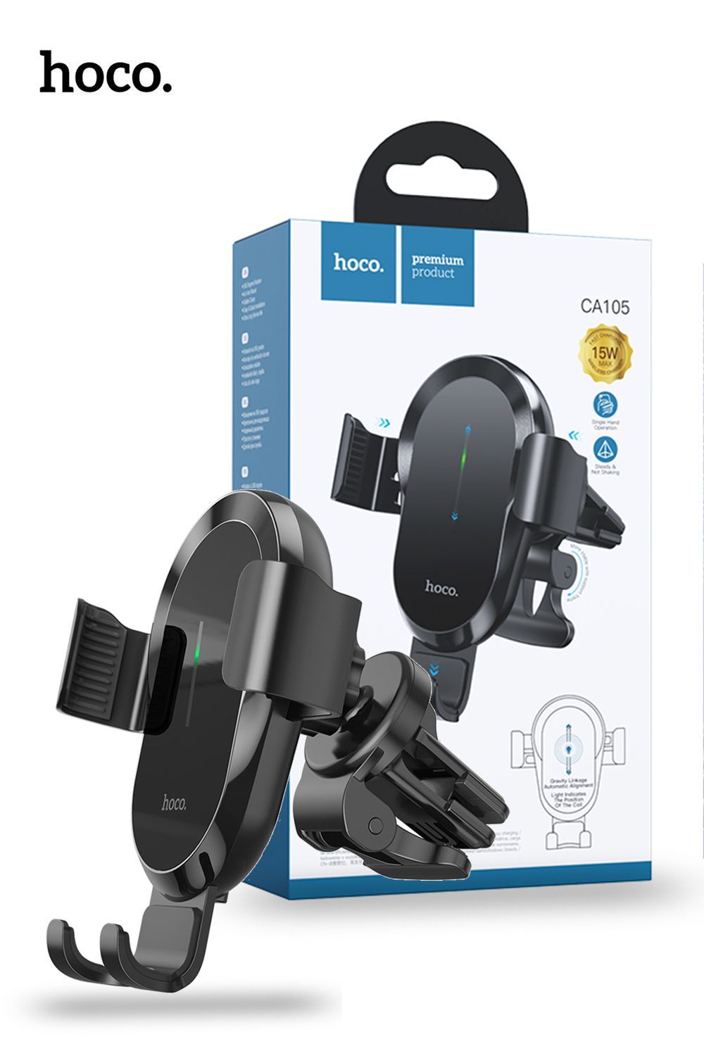 Hoco Wireless Car Charger 15W Air vent Mount Fast Charging Three Axis Linkage - Black