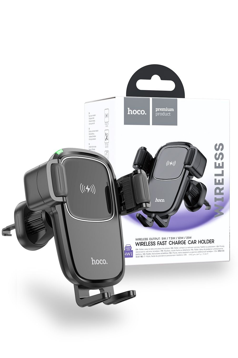 Hoco HW1 Pro Portable DashBoard 15W Fast Wireless Charger Air Vent Car Holder - Black