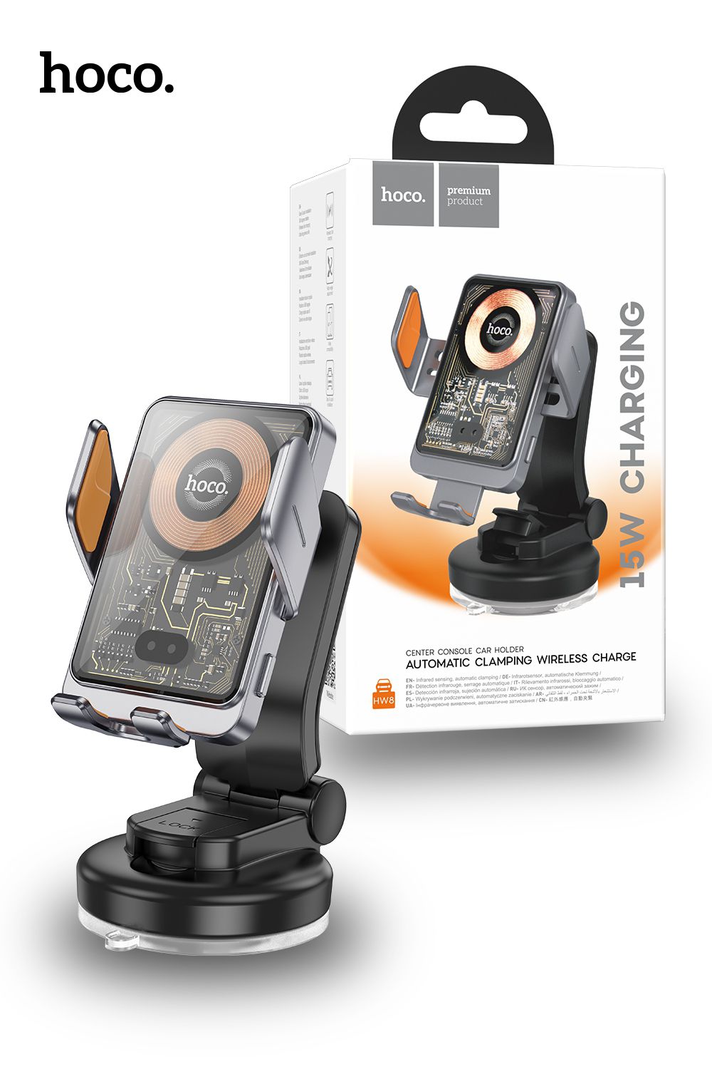 Hoco HW8 Transparent 15W Fast Wireless Charger 2in1 DashBoard Car Holder - Black