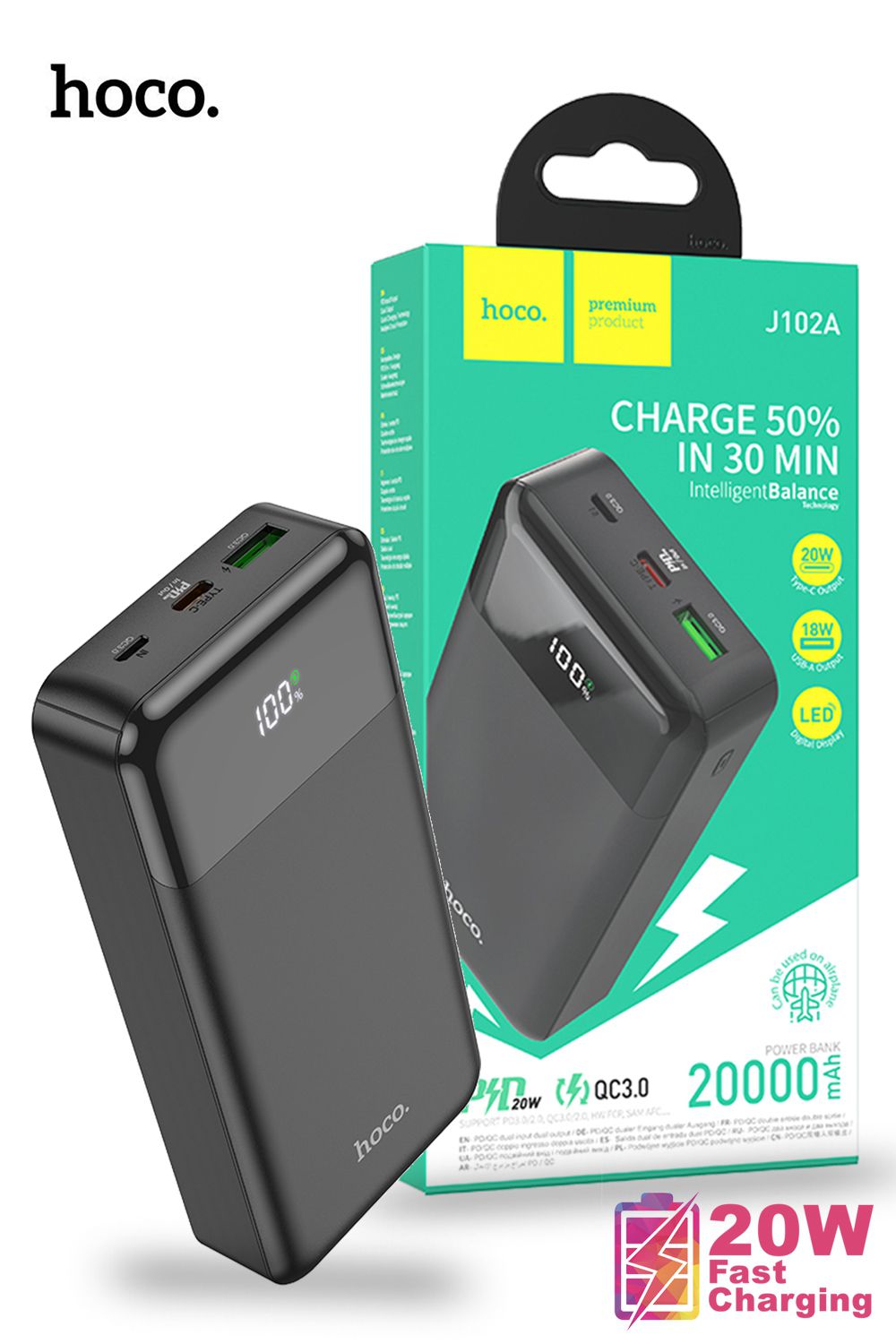 Hoco J102A PD20W QC3.0 20000mAh Cool Figure Fast Charging Power Bank - Black