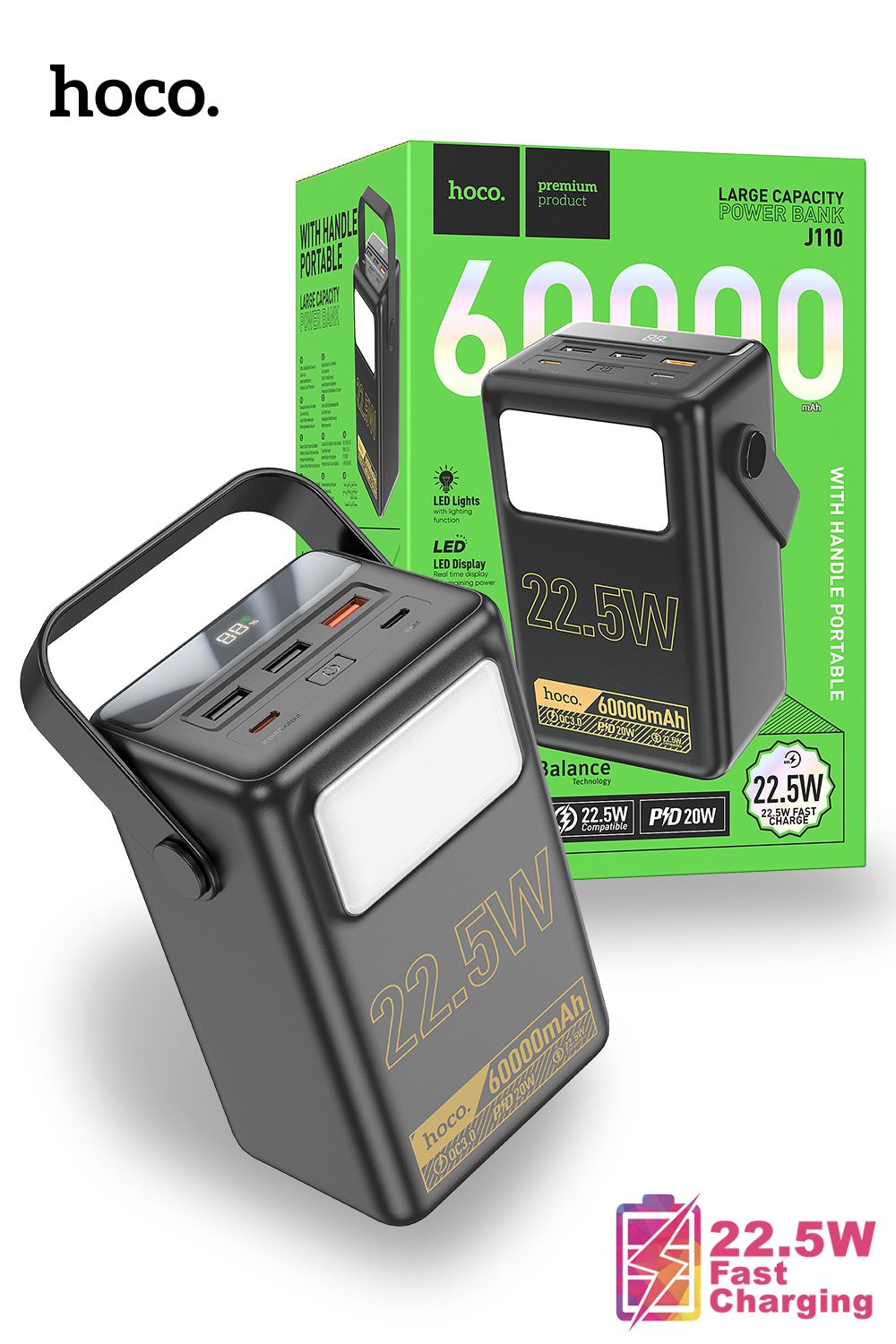 Hoco Portable Fast Powerbank Powermaster With LED Lamp 6000MAh PD 20W Rugged - Black