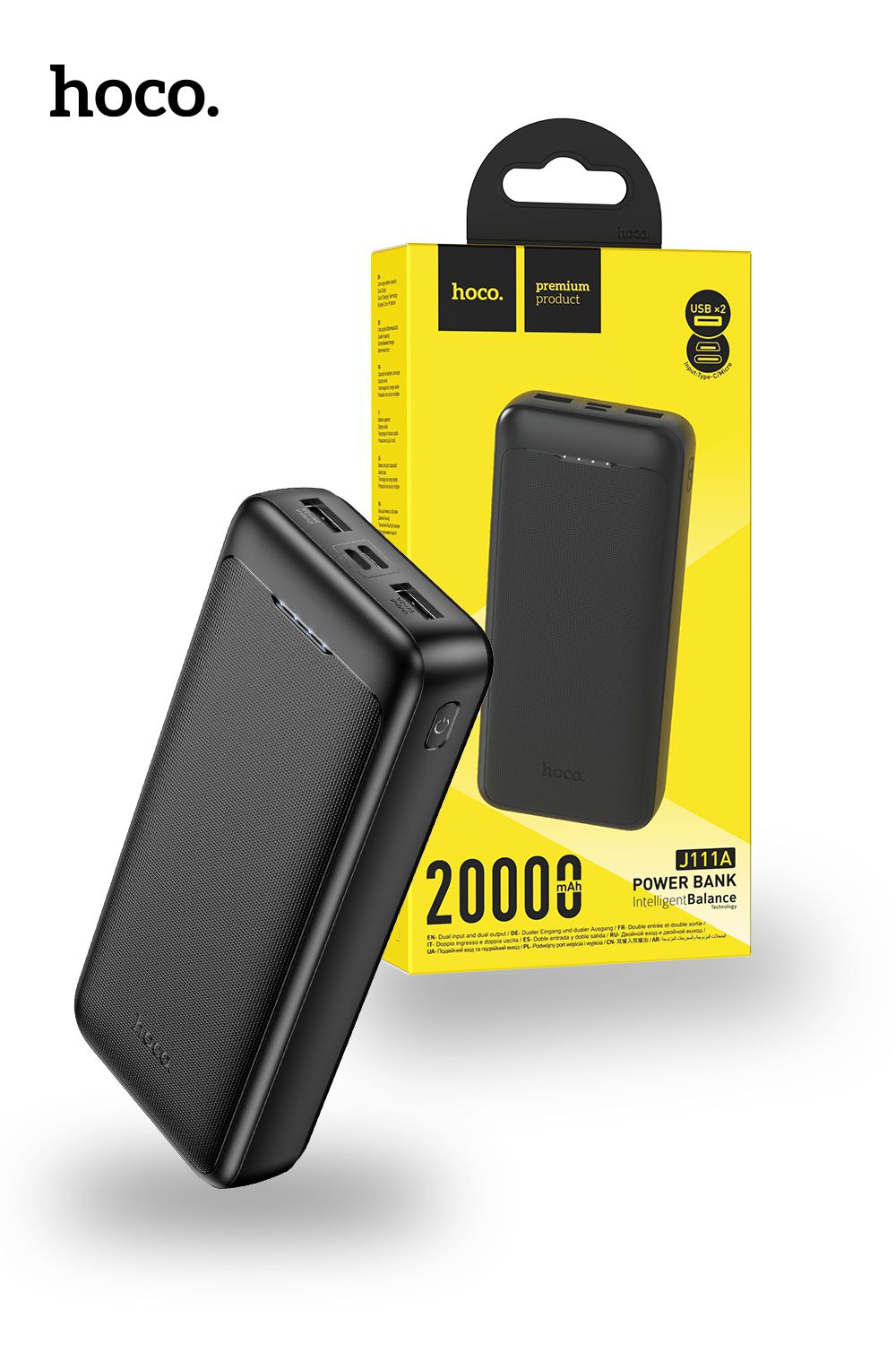 Hoco J111A 20000mAh Power Bank Bank Smart Portable For Android & iPhones 3 at 1 Time - Black