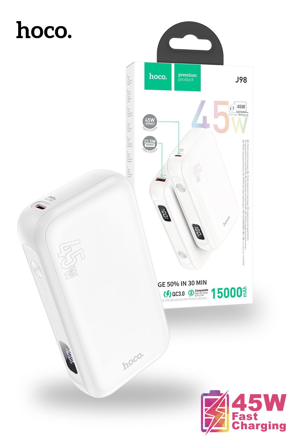 Hoco J98 Portable 15000mAh Smart Power Bank USB C Fast Charge 45W PDQC3.0 White