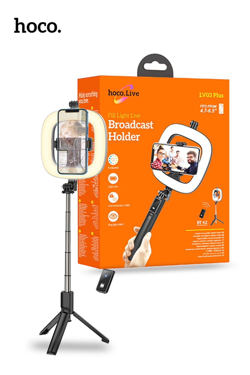 Hoco Universal Adjustable Long Selfie Stick Fill Light With Big Fill Light - Black