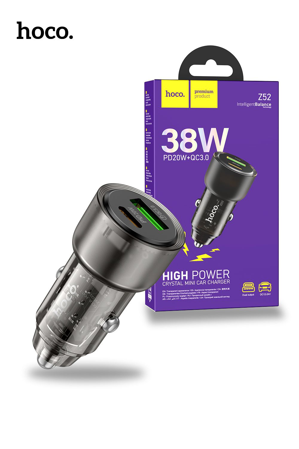 Universal Z52 PD38W 1C1A Port Spacious Mini Fast Car Charger Transparent - Black