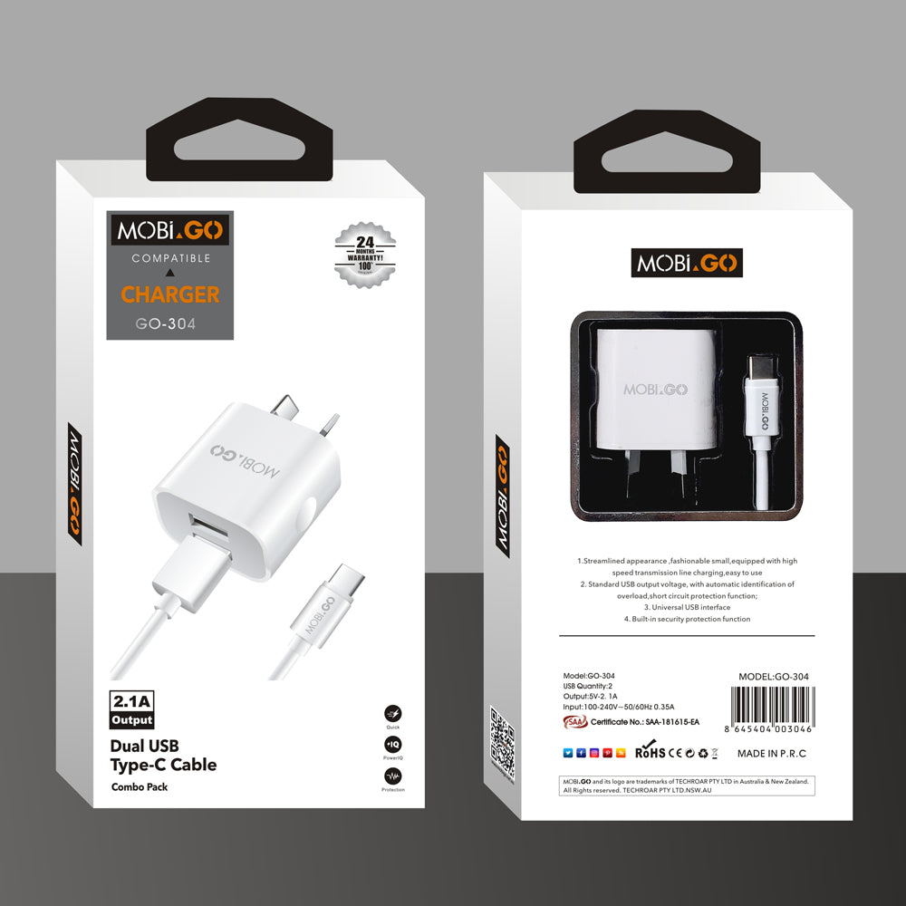 Dual Port USB-A Power Adapter Mobigo Dual USB Fast Home Charger With Type-C Cable