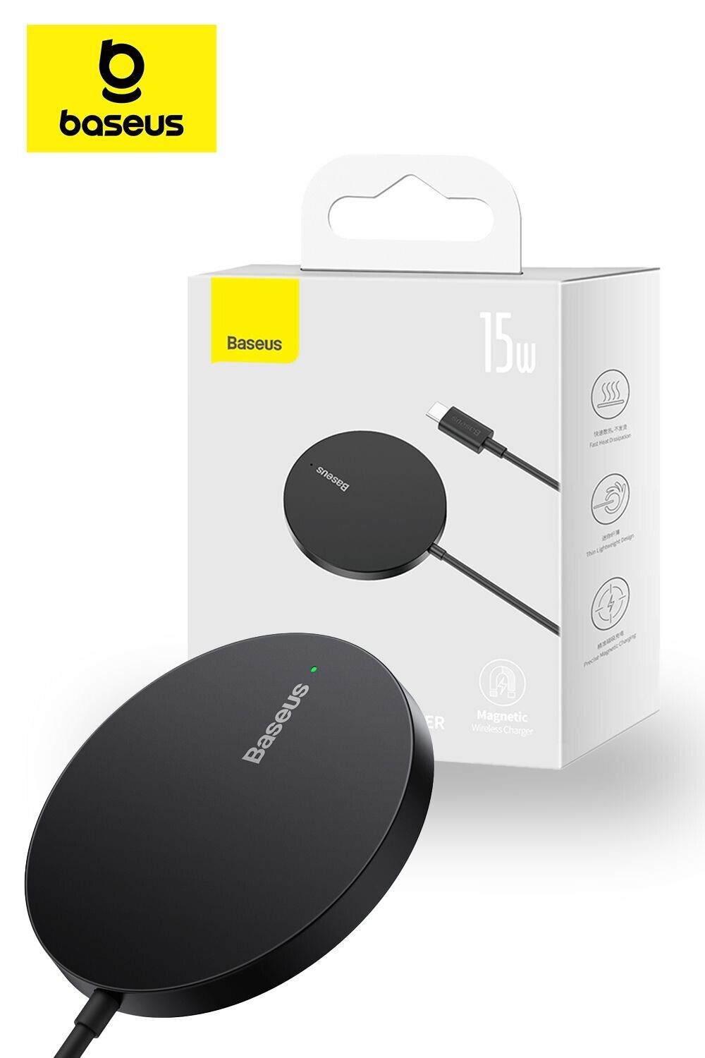 Universal Baseus 15W Simple Mini 3 Magnetic Fast Wireless Charger - Black