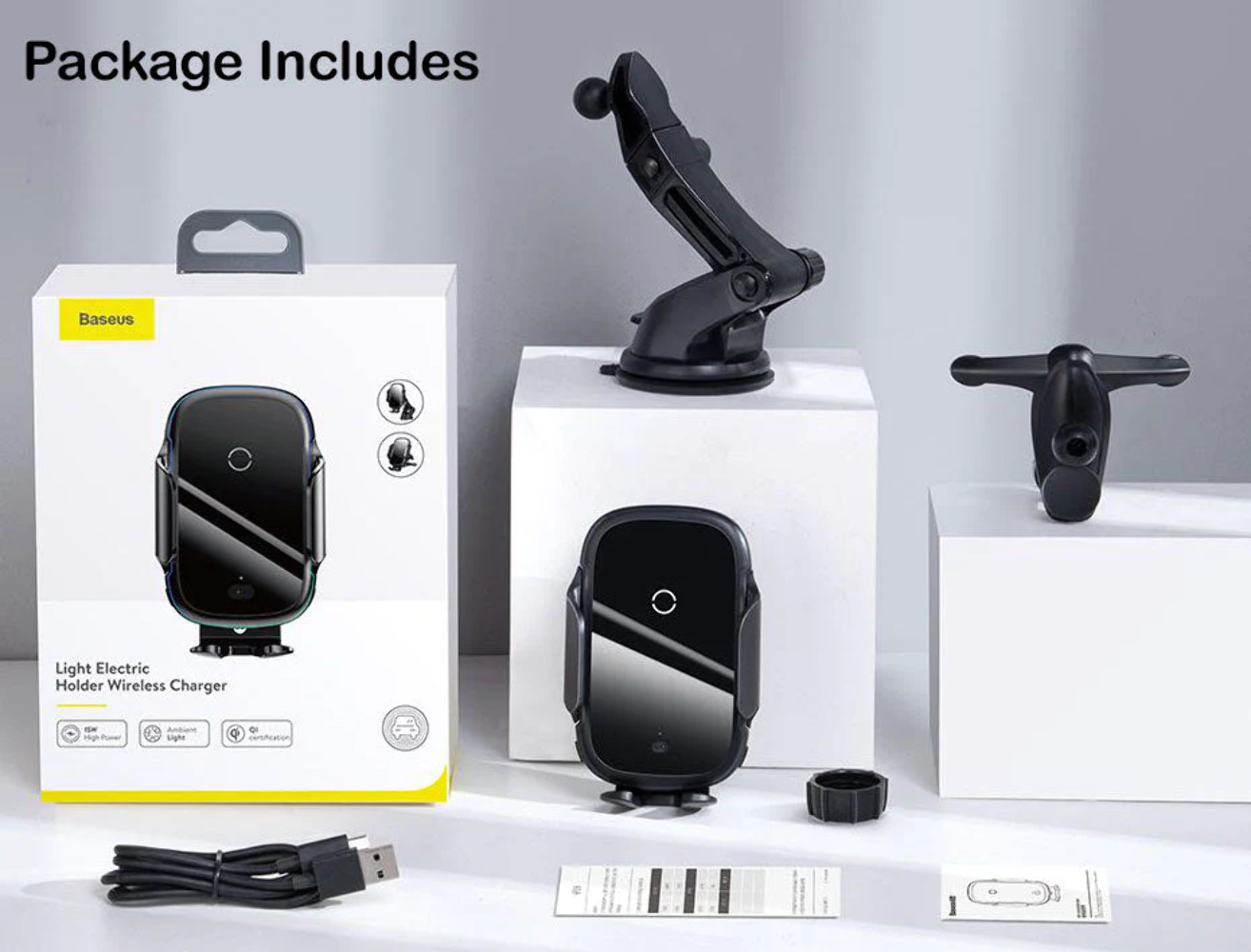 Baesus 15W Wireless Car Charger IR Sensor Clamp Air Vent Suction Car Mount Phone Holder