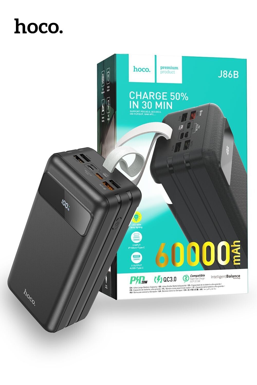 Hoco PowerMaster 60000 mAh PD 22.5W Fast Charging Technology Power Bank w/ LED Light