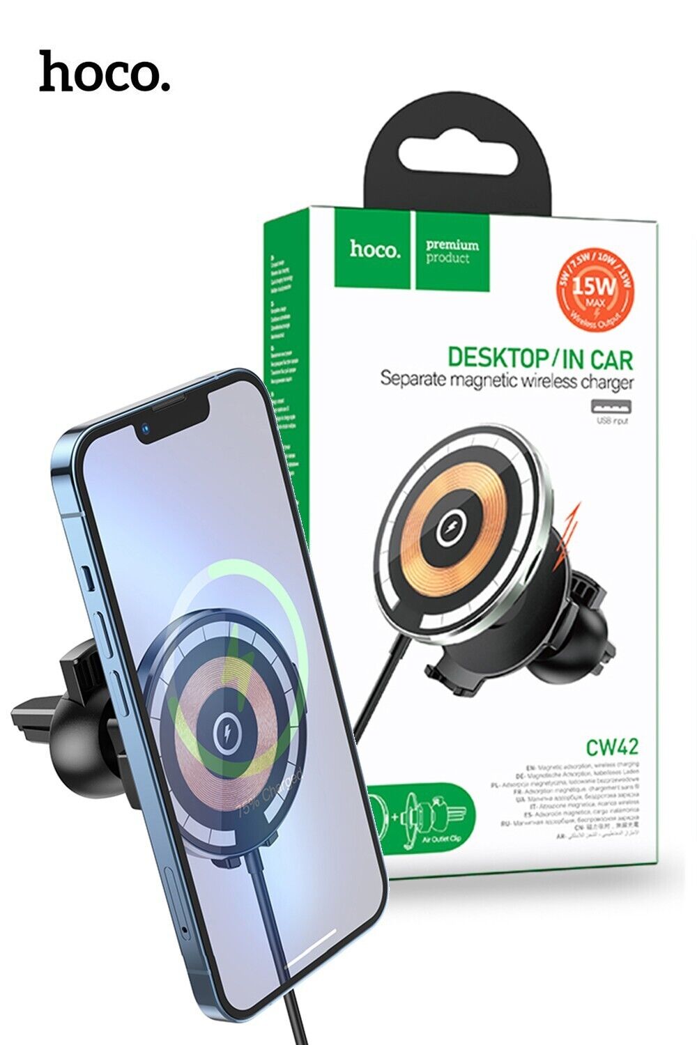 HOCO CW42 15W Multipurpose Magnetic Wireless Fast Charging Air Vent Car Charging Mount Phone Holder