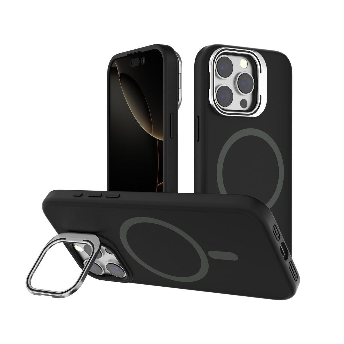 iPhone 16e BLACKTECH Y2 Liquid Silicone With Camera Stand (MagSafe Compatible) - Black