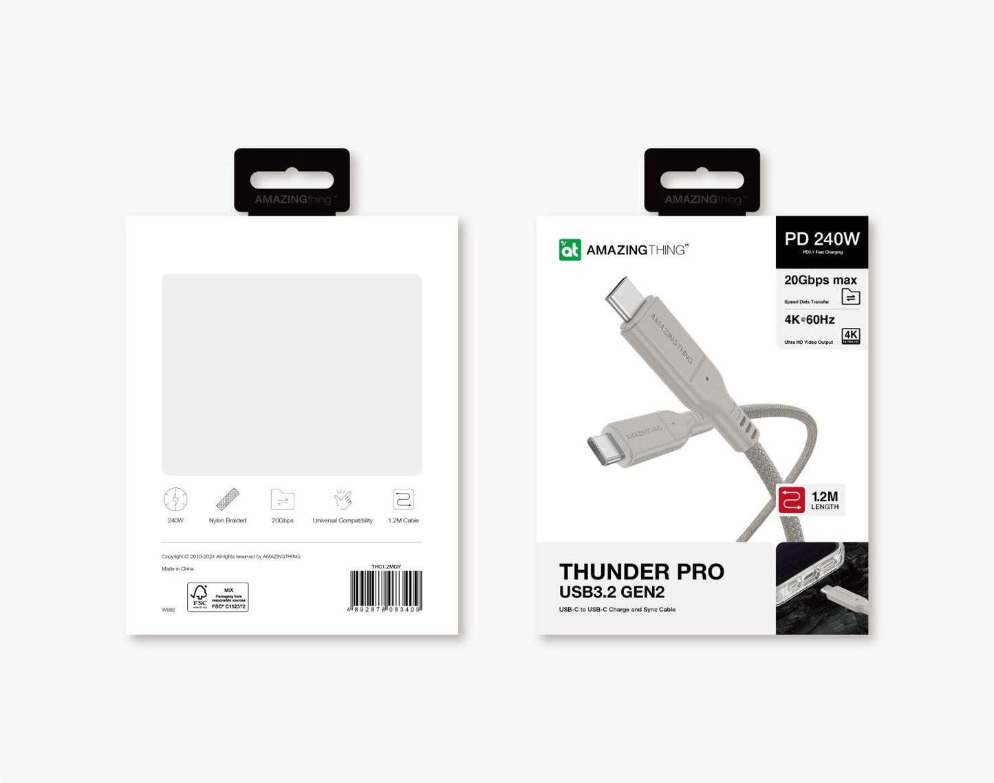 AMAZINGTHING 120cm Thunder Pro 240W C to C USB 3.2 Gen2 Cable - Titan Gray