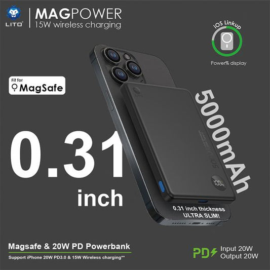 LITO LP08 5000mAh 15W Ultra Thin 5in1 Mag Power Bank (MagSafe Compatible) - Black