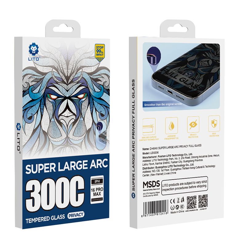 iPhone 13 / 13 Pro / 14 / 16e LITO LDG036 D MAX Privacy 300C Big Curved Glass ESD Glue - Clear