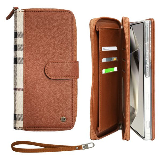 Samsung Galaxy S25 Ultra Simply Roar VERA Check Pattern Zipper Diary - Brown