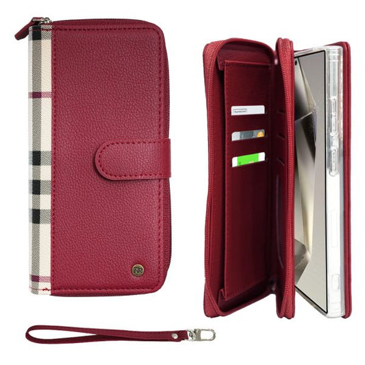 Samsung Galaxy S25 Ultra Simply Roar VERA Check Pattern Zipper Diary - Wine Red