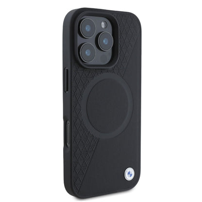 iPhone 16 Pro Max BMW HC SIGN LEATHER HALF TEXTURED AND CIRCLE (MagSafe Compatible) - Black