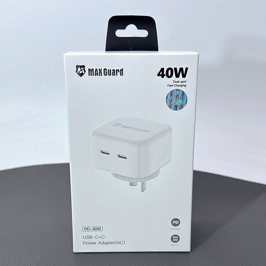 Fast Charger Maxguard PD 40W USB-C+C Power Adapter(AC) Home Wall Charger PD40W