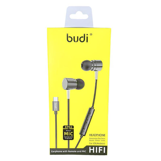 Budi EP02 Wired USB C Earphone Metal HIFI with Mic & Remote - Black
