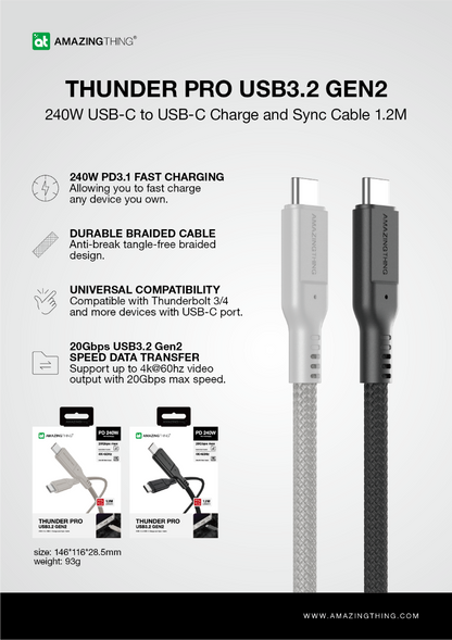 AMAZINGTHING 120cm Thunder Pro 240W C to C USB 3.2 Gen2 Cable - Titan Gray