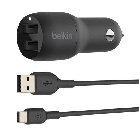 Belkin BOOSTCHARGE Dual USB-A Car Charger 24W + USB-A to USB-C Cable Universally compatible - Black