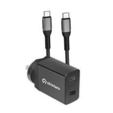 Shintaro 65W GaN Dual Port USB Wall Charger & USB-C Charge Cable 1m, Aluminium head, braid, support Max 20V5A, 100W charging, Emark IC, 480Mbps data