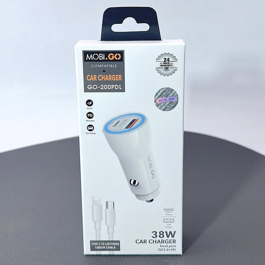 Universal Portable Ciggratte port Mobigo PD 38W Car Fast Charger With Type-C To Lightning Cable